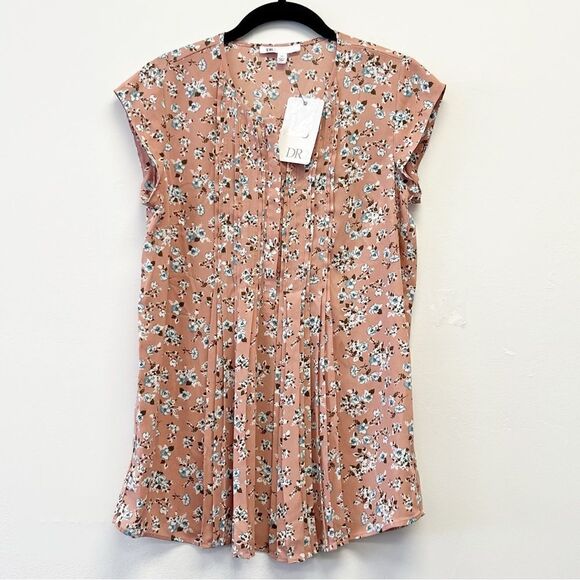 DR2 by Daniel Rainn Ditsy Floral Pintuck Cap Sleeve Blouse, Size XS Dusty Rose - Picture 1 of 12